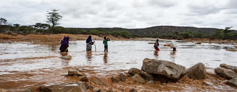 A small group of people cross a flooded river under an overcast sky