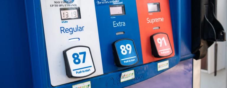 Close-up of fuel pump selections with types and prices. 