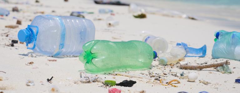 Scenic view of tropical beach littered in garbage.