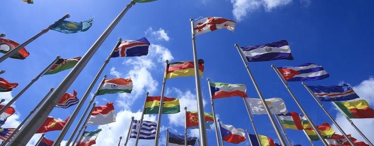 Flag of the world against blue sky