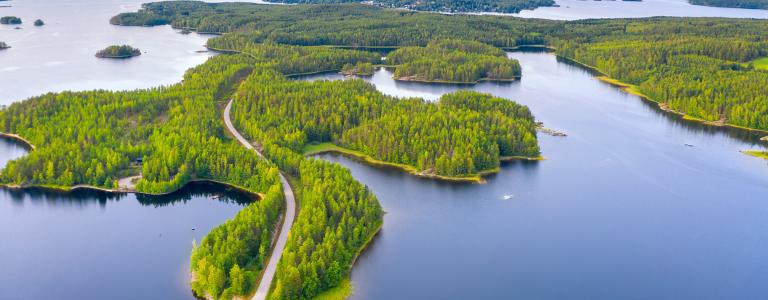 A highway weaves over a lake and through a forest.