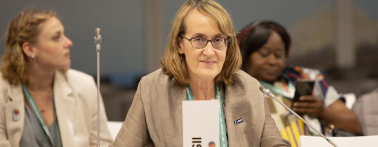 Patricia Fuller sits at a table and looks into the camera. There is a microphone and a nameplate labeled "IISD" on the table in front of her.