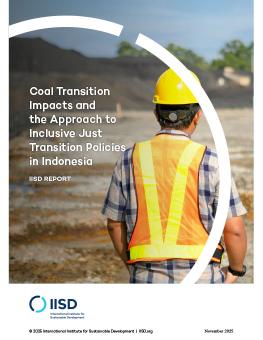 Coal Transition Impacts and the Approach to Inclusive Just Transition Policies in Indonesia report cover showing a man dressed in a safety vest and hard hat standing with his back to the camera.