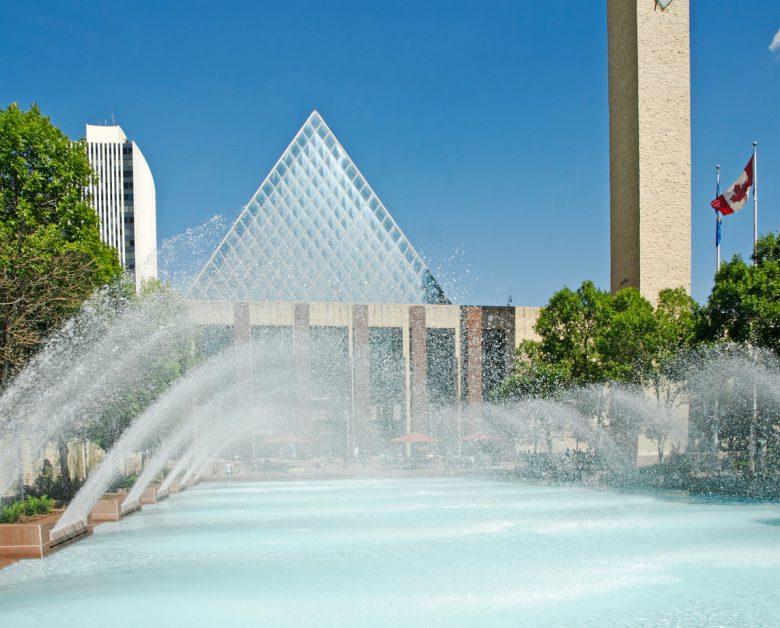 Water fountains outside a building