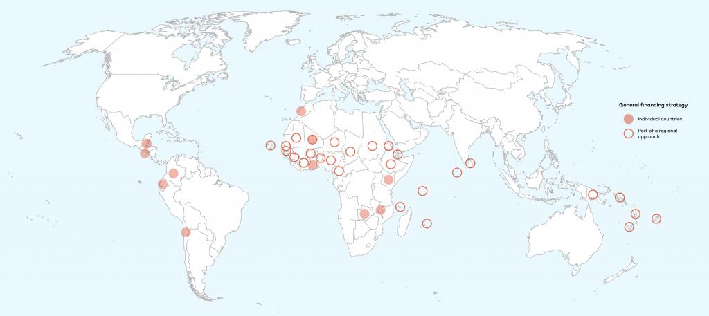 A map of the 11 individual countries and 3 regions whose general financing strategies for adaptation were examined in an IISD study