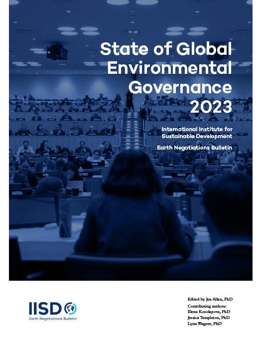 State of Global Environmental Governance 2023 report cover showing a room of delegates at a conference.