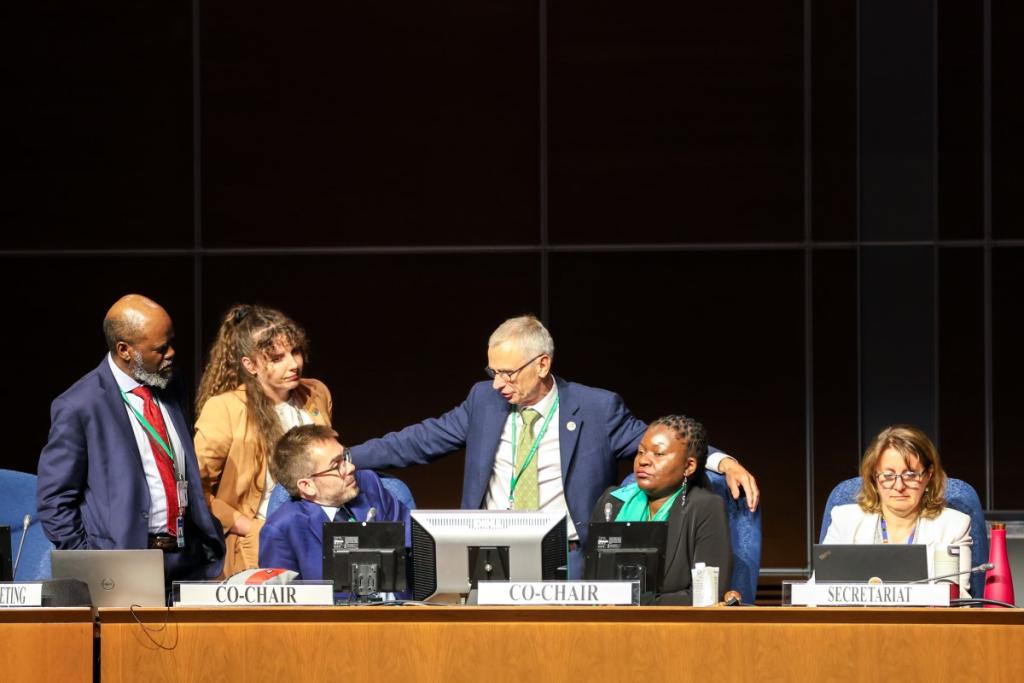 Group of six individuals at a conference, engaged in a discussion around a table labeled with 'Co-chair' and 'Secretariat' signs.