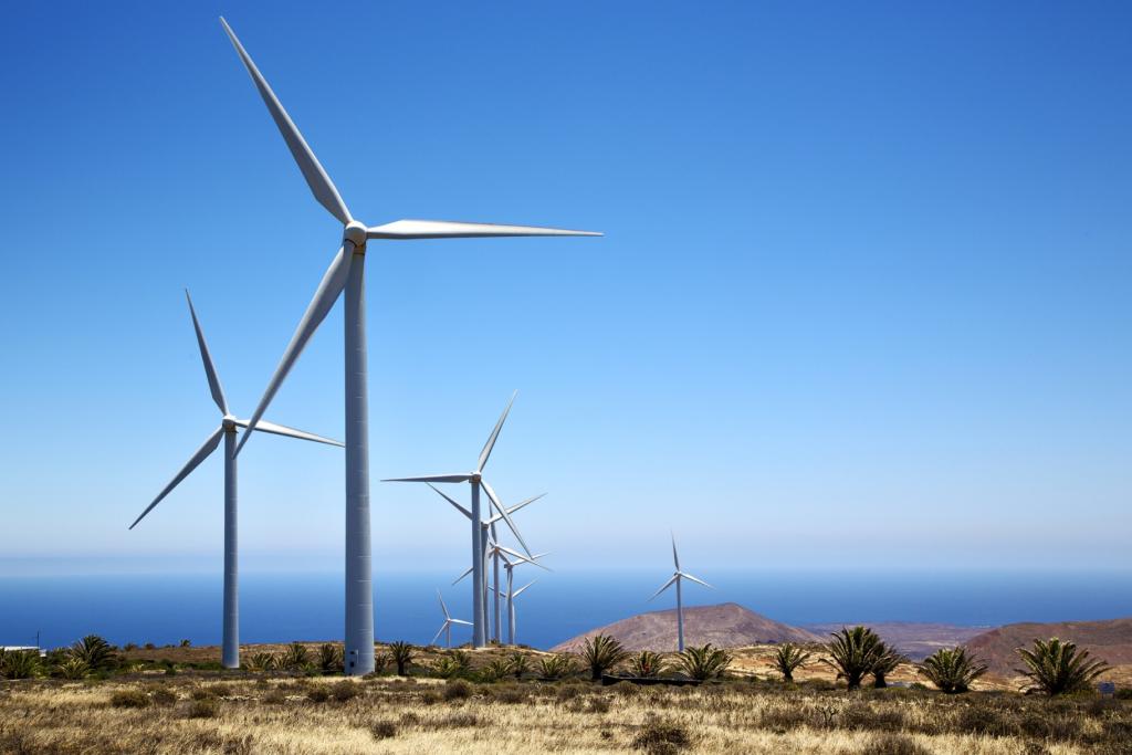 A wind turbine farm stands tall in front of a dry landscape with blue sky in the background