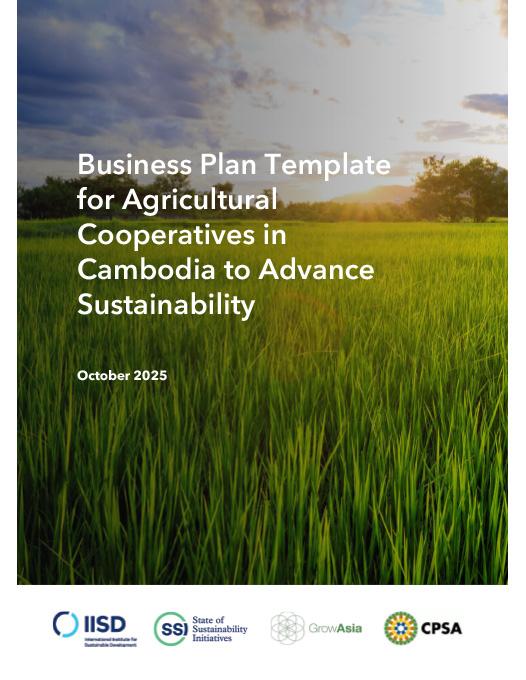 Business Plan Template for Agricultural Cooperatives in Cambodia to Advance Sustainability cover showing a grassy landscape at sunset.